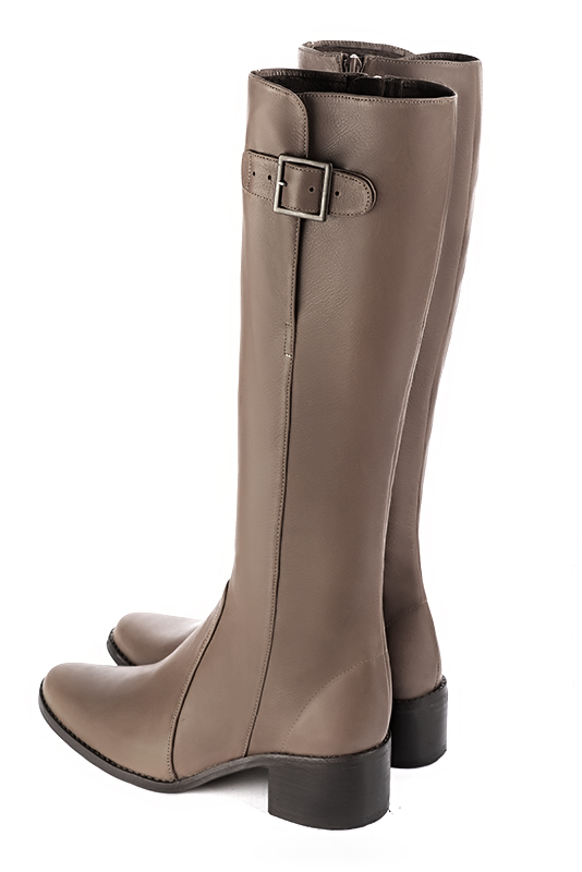 Bronze beige women's knee-high boots with buckles. Round toe. Low leather soles. Made to measure. Rear view - Florence KOOIJMAN
